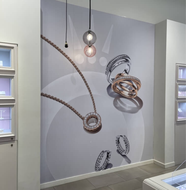 Wall graphics with necklace and rings design using 3m vinyl and professionally installed